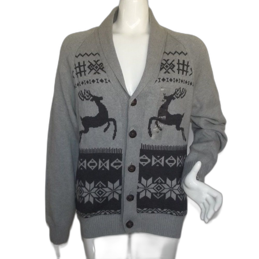 new WEATHERPROOF Sweater, M, 2 Tone Gray, Buttons/Cardigan, Deer, Snowflakes